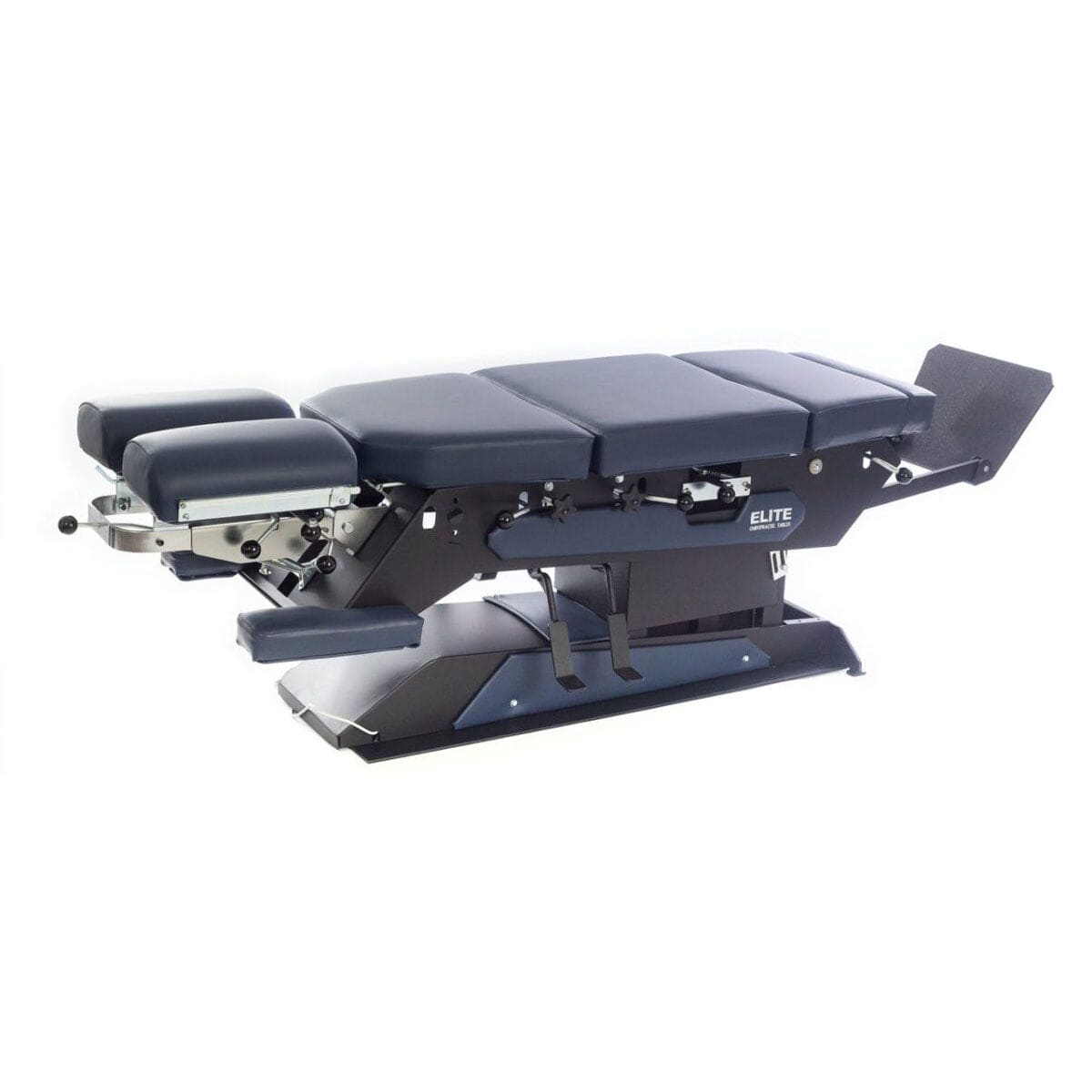 Elite E5 high low chiropractic table
Motorized elevation chiropractic table
Elite E5 multi-directional headpiece
Chiropractic table with pelvic drop
Elite E5 powder coated steel base