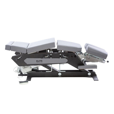 Elite EA electric elevation chiropractic table Chiropractic table with cordless battery upgrade Elite EA multi-directional headpiece Electric elevation footswitch control  Elite EA welded steel base
-->