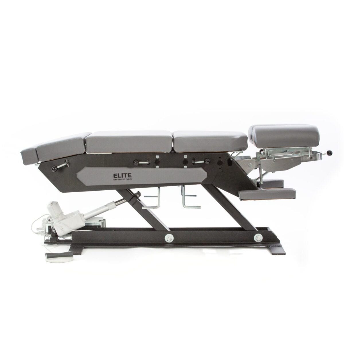 Elite EA electric elevation chiropractic table Chiropractic table with cordless battery upgrade Elite EA multi-directional headpiece Electric elevation footswitch control  Elite EA welded steel base