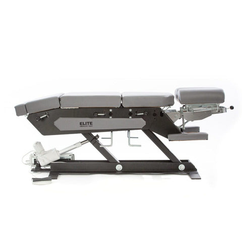 Elite EA electric elevation chiropractic table Chiropractic table with cordless battery upgrade Elite EA multi-directional headpiece Electric elevation footswitch control  Elite EA welded steel base
