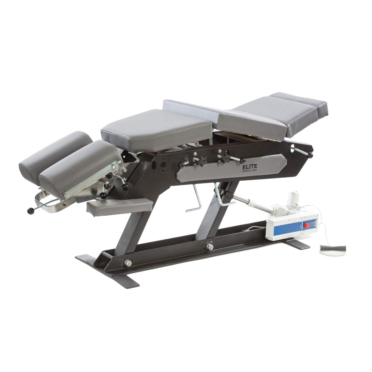 Elite EA electric elevation chiropractic table Chiropractic table with cordless battery upgrade Elite EA multi-directional headpiece Electric elevation footswitch control  Elite EA welded steel base