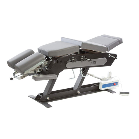 Elite EA electric elevation chiropractic table Chiropractic table with cordless battery upgrade Elite EA multi-directional headpiece Electric elevation footswitch control  Elite EA welded steel base