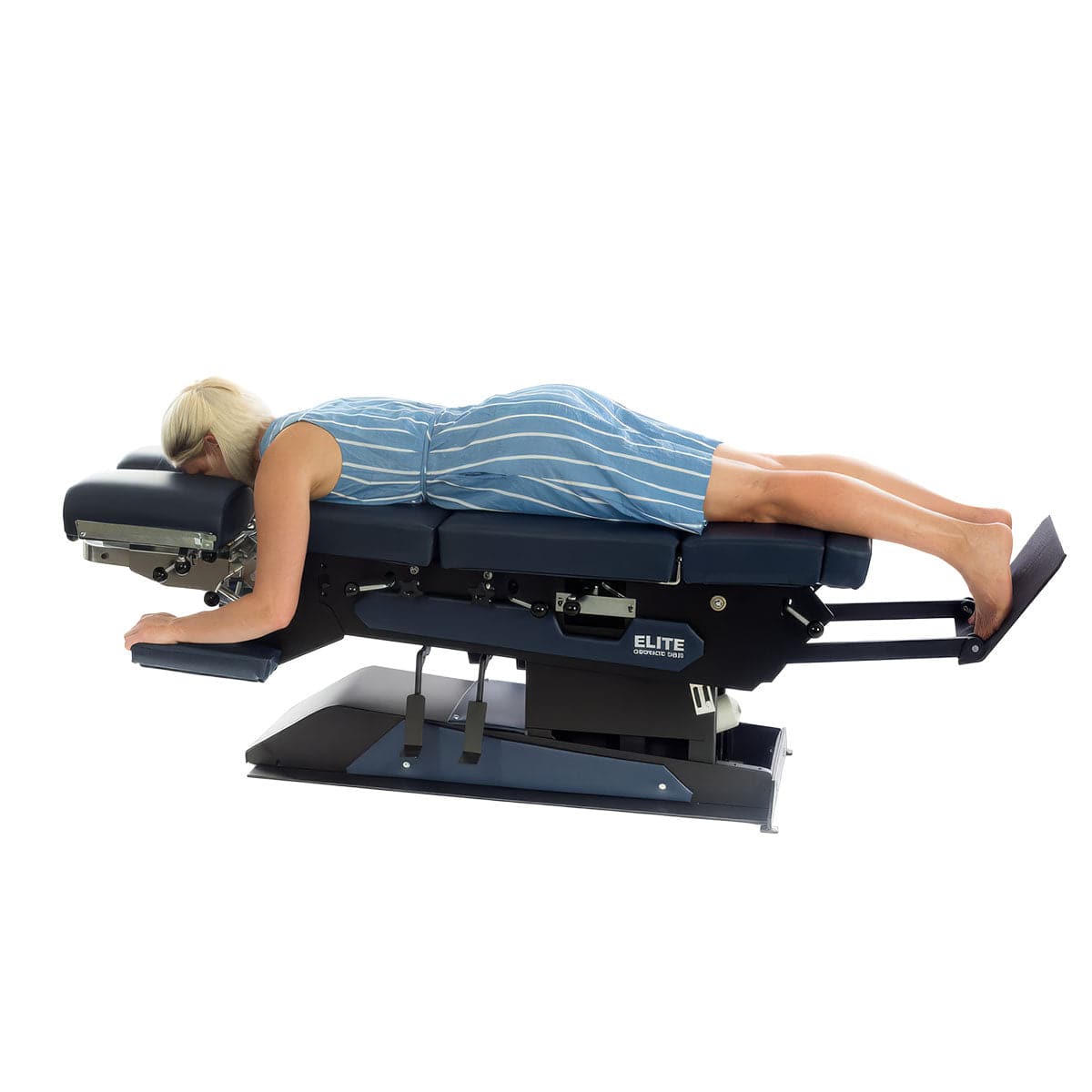 Elite E5 high low chiropractic table
Motorized elevation chiropractic table
Elite E5 multi-directional headpiece
Chiropractic table with pelvic drop
Elite E5 powder coated steel base