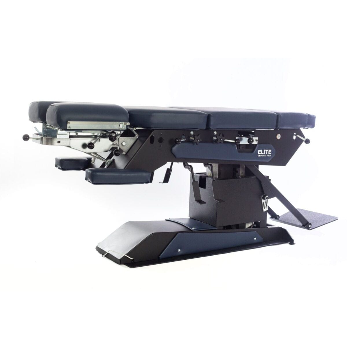 Elite E5 high low chiropractic table
Motorized elevation chiropractic table
Elite E5 multi-directional headpiece
Chiropractic table with pelvic drop
Elite E5 powder coated steel base