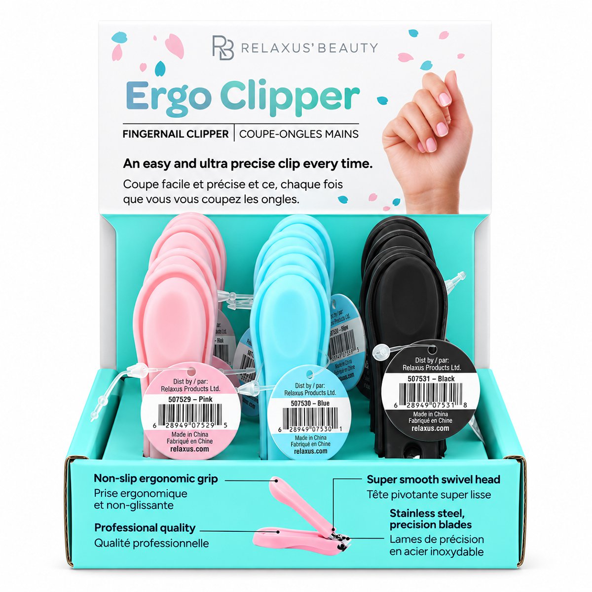 Ergo fingernail and toenail clippers
Stainless steel Ergo nail clippers Ergonomic nail clippers with swivel head Nail clippers with non-slip grip Stainless steel precision nail clippers Pink Ergo nail clipper Blue Ergo nail clipper Black Ergo nail clipper Swivel head fingernail and toenail clipper