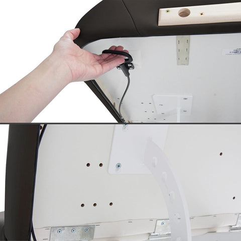 Everest electric lift spa table single pedestal Electric spa table with rounded salon corners Pro-Plush 3 inch cushioned treatment table
Single column spa lift table in clinic
Everest spa table foot control detail