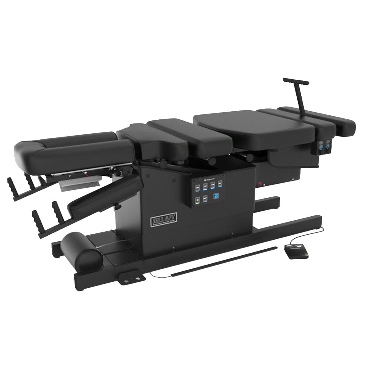 Hill Air Drop AFT chiropractic table
Air drop flexion distraction table
Power foot strip reset detail
Sliding axial motion headpiece close-up
Thoracic air breakaway pressure pedal