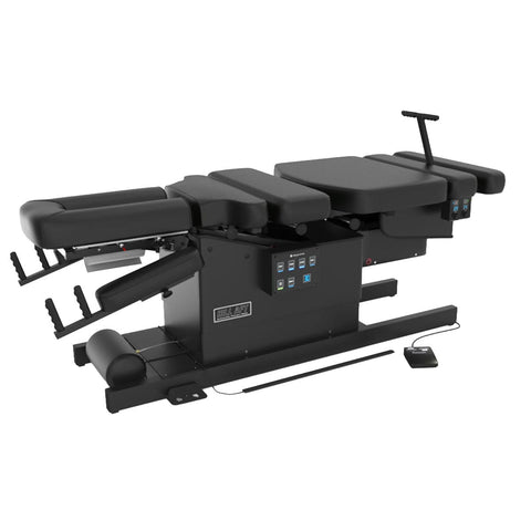 Hill Air Drop AFT chiropractic table
Air drop flexion distraction table
Power foot strip reset detail
Sliding axial motion headpiece close-up
Thoracic air breakaway pressure pedal