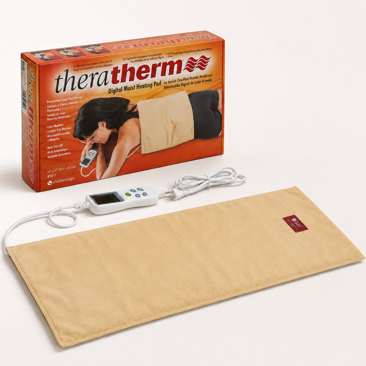 Theratherm digital moist heat pack 14 x 27 inches; large digital moist heating pad; Theratherm heat pack with digital controller; flexible moist heat pad for larger body areas; reusable moist heat pack with auto shut-off; standard-size Theratherm heating pad