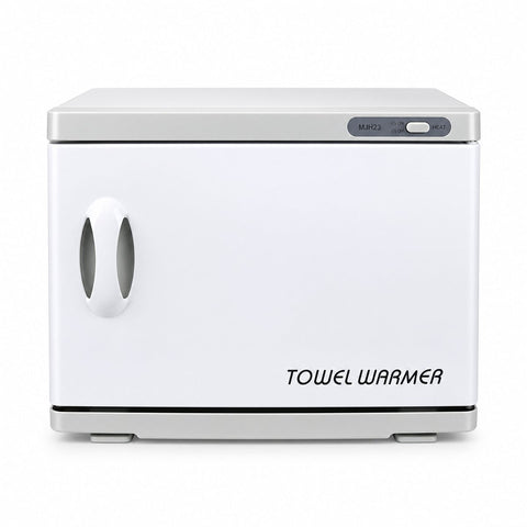 Large 18L towel warmer for spas; white professional towel warmer; 18L spa towel warmer with free hand towels; towel warmer holding 36 spa towels; compact salon towel warmer; spa towel warmer with white cotton hand towels