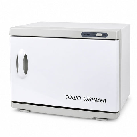 Large 18L towel warmer for spas; white professional towel warmer; 18L spa towel warmer with free hand towels; towel warmer holding 36 spa towels; compact salon towel warmer; spa towel warmer with white cotton hand towels