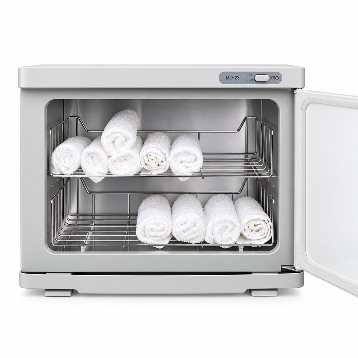 Large 18L towel warmer for spas; white professional towel warmer; 18L spa towel warmer with free hand towels; towel warmer holding 36 spa towels; compact salon towel warmer; spa towel warmer with white cotton hand towels