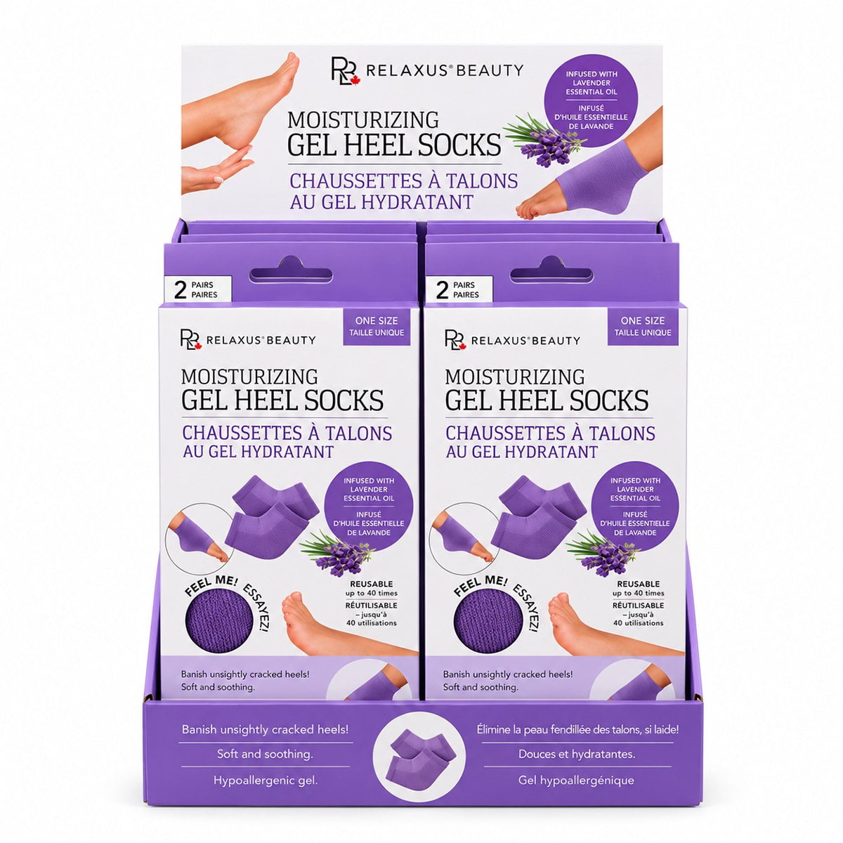  Lavender Moisturizing Gel Heel Socks two-pair set; Reusable lavender gel socks for dry heels; Gel-lined heel socks infused with vitamin E and oils; Lavender heel socks worn during a foot-care treatment; Cotton blend moisturizing heel socks; Two pairs of lavender moisturizing heel socks; Gel heel socks for a 20-minute treatment; Lavender Moisturizing Gel Heel Socks product packaging.