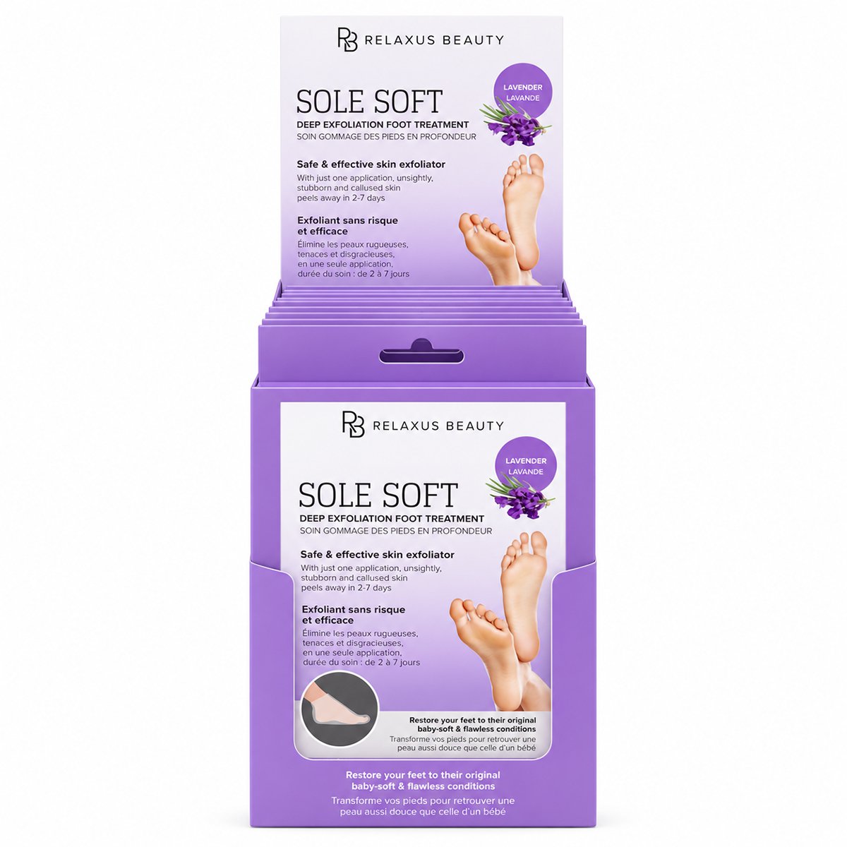 Sole Soft deep exfoliation foot treatment; single-use foot peel treatment socks; exfoliating foot socks with lactic acid; at-home foot peel with glycolic acid; pre-filled foot treatment socks; exfoliating foot-care treatment