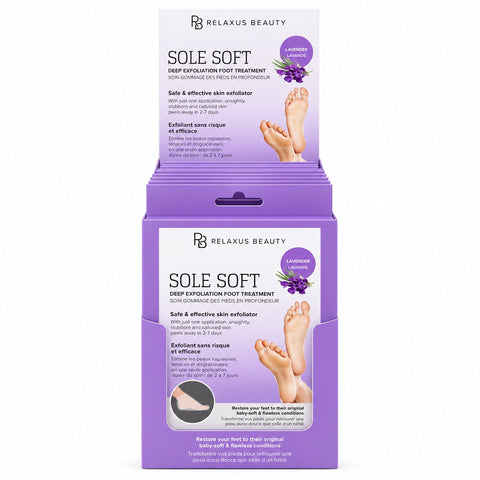 Sole Soft deep exfoliation foot treatment; single-use foot peel treatment socks; exfoliating foot socks with lactic acid; at-home foot peel with glycolic acid; pre-filled foot treatment socks; exfoliating foot-care treatment