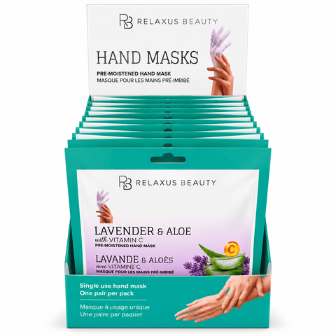 Lavender and aloe hand mask with vitamin C; pre-moistened lavender hand mask treatment; glove-style aloe hand mask; 30-minute lavender and vitamin C hand mask; hand mask removed from its pouch; lavender and aloe hand mask packaging; hands wearing a pre-moistened glove-style mask; single-use lavender hand-care mask