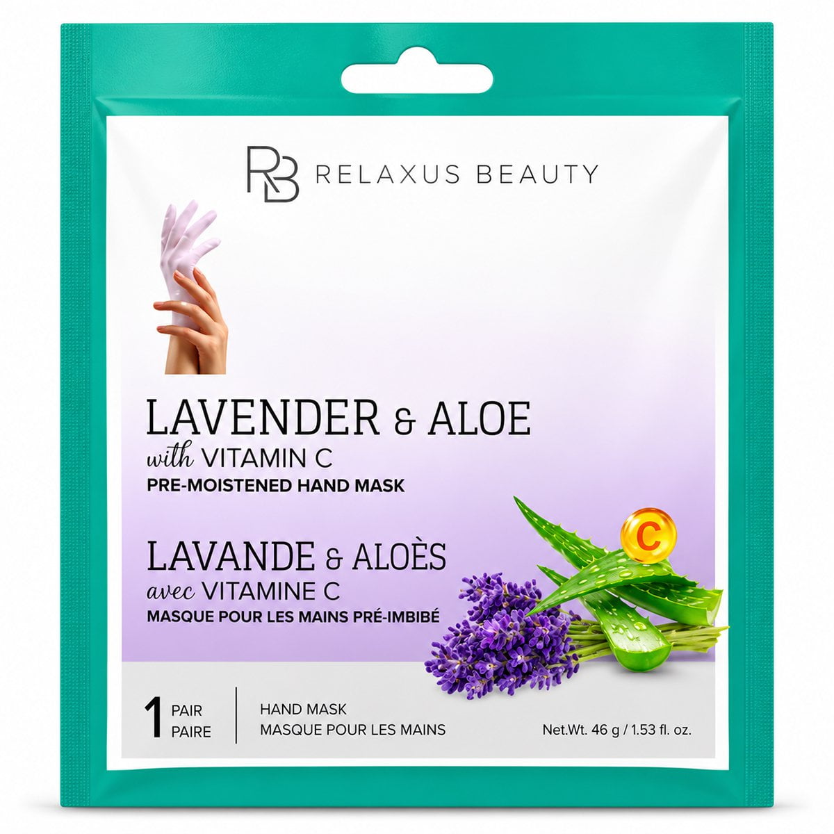 Lavender and aloe hand mask with vitamin C; pre-moistened lavender hand mask treatment; glove-style aloe hand mask; 30-minute lavender and vitamin C hand mask; hand mask removed from its pouch; lavender and aloe hand mask packaging; hands wearing a pre-moistened glove-style mask; single-use lavender hand-care mask