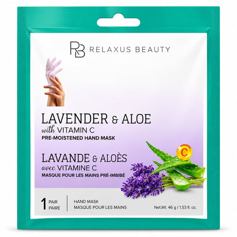 Lavender and aloe hand mask with vitamin C; pre-moistened lavender hand mask treatment; glove-style aloe hand mask; 30-minute lavender and vitamin C hand mask; hand mask removed from its pouch; lavender and aloe hand mask packaging; hands wearing a pre-moistened glove-style mask; single-use lavender hand-care mask