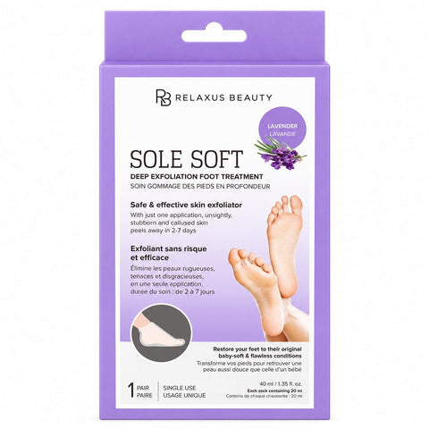 Sole Soft deep exfoliation foot treatment; single-use foot peel treatment socks; exfoliating foot socks with lactic acid; at-home foot peel with glycolic acid; pre-filled foot treatment socks; exfoliating foot-care treatment