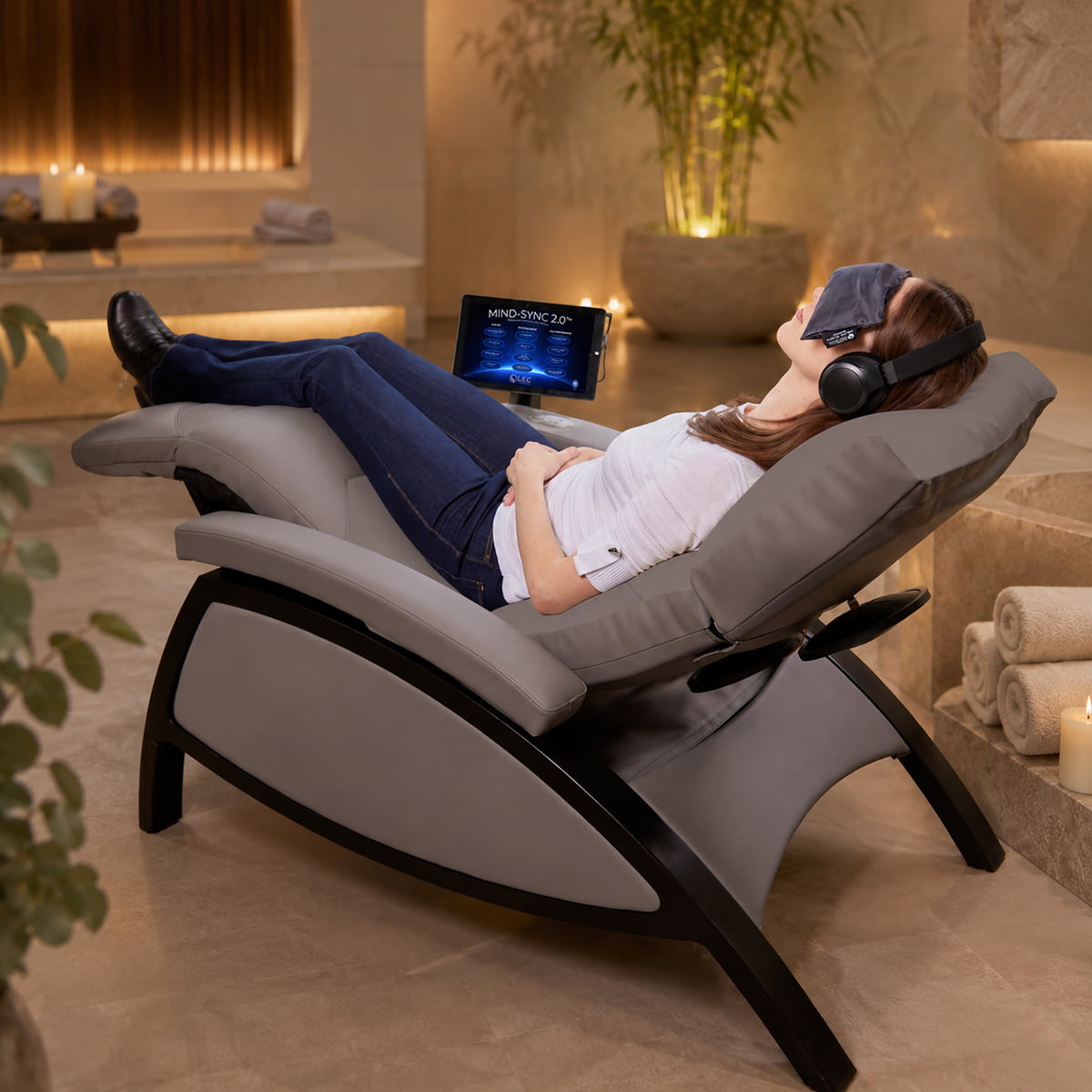 Mind-Sync 2.0 Harmonic Wellness Lounger Zero gravity wellness lounger with touchscreen Vibro-acoustic therapy chair with headphones Luxury wellness lounger fully reclined Mind-Sync 2.0 unattended treatment chair Premium wellness chair for spa or clinic
