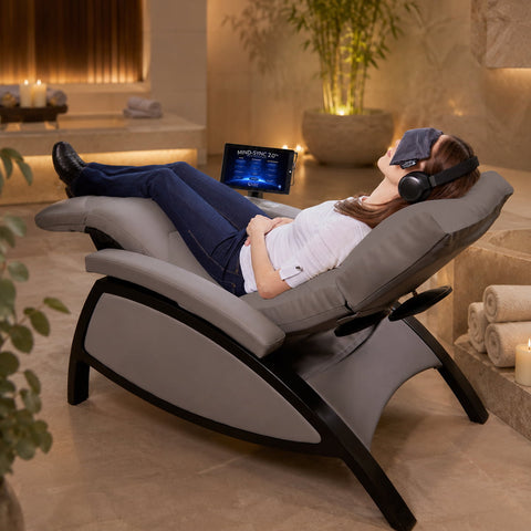 Mind-Sync 2.0 Harmonic Wellness Lounger Zero gravity wellness lounger with touchscreen Vibro-acoustic therapy chair with headphones Luxury wellness lounger fully reclined Mind-Sync 2.0 unattended treatment chair Premium wellness chair for spa or clinic