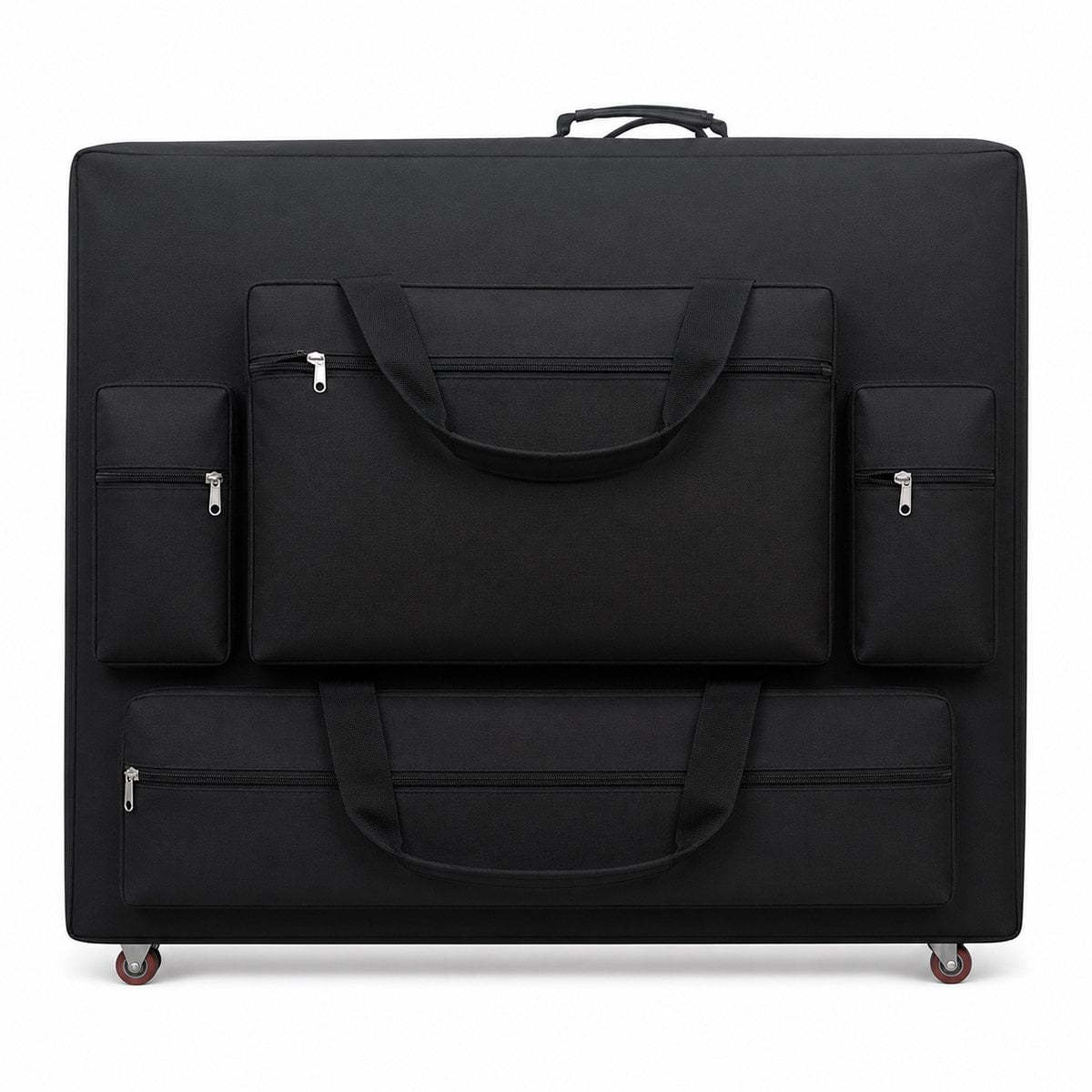 Black Massage Table Carry Case with wheels; wheeled massage table bag for folding tables; heavy-duty nylon massage table carry case; black massage table case with four front pockets; massage table carry case with shoulder sling; wheeled massage table bag with storage pockets; portable massage table case with multi-directional wheels; massage table travel case for tables up to 30 inches wide