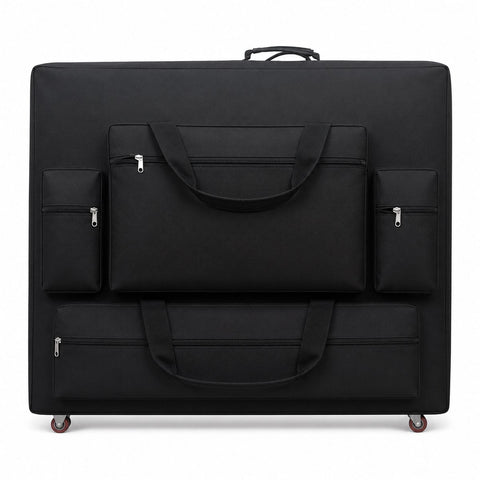 Black Massage Table Carry Case with wheels; wheeled massage table bag for folding tables; heavy-duty nylon massage table carry case; black massage table case with four front pockets; massage table carry case with shoulder sling; wheeled massage table bag with storage pockets; portable massage table case with multi-directional wheels; massage table travel case for tables up to 30 inches wide