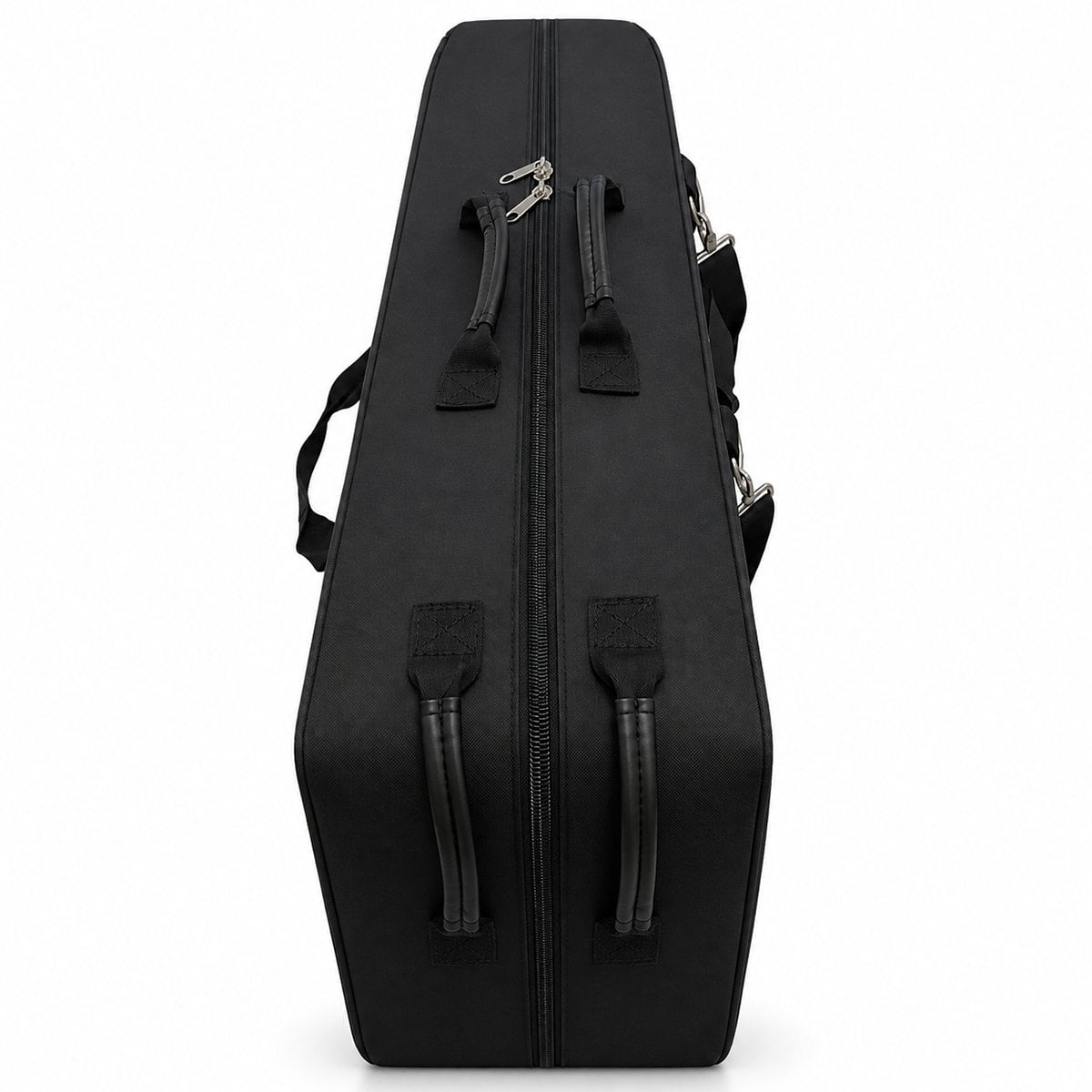 Black Massage Table Carry Case with wheels; wheeled massage table bag for folding tables; heavy-duty nylon massage table carry case; black massage table case with four front pockets; massage table carry case with shoulder sling; wheeled massage table bag with storage pockets; portable massage table case with multi-directional wheels; massage table travel case for tables up to 30 inches wide