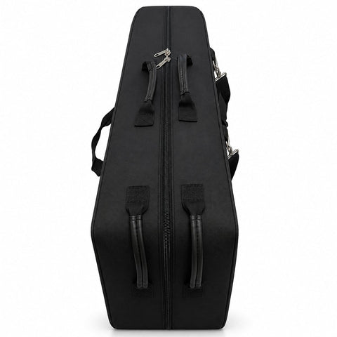 Black Massage Table Carry Case with wheels; wheeled massage table bag for folding tables; heavy-duty nylon massage table carry case; black massage table case with four front pockets; massage table carry case with shoulder sling; wheeled massage table bag with storage pockets; portable massage table case with multi-directional wheels; massage table travel case for tables up to 30 inches wide