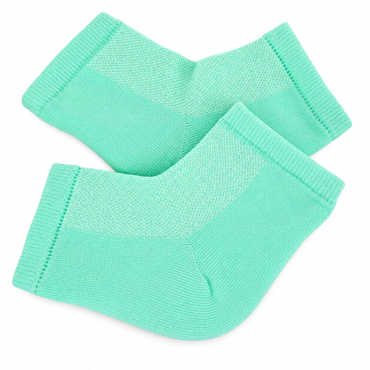 Moisturizing Gel Heel Socks two-pair set; Tea Tree and Peppermint gel heel socks; Reusable moisturizing socks for dry heels; Gel-lined heel socks infused with vitamin E and oils; Moisturizing heel socks worn during a foot-care treatment; Cotton blend gel heel socks; Two pairs of moisturizing heel socks; Moisturizing Gel Heel Socks product packaging.