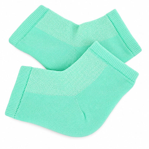 Moisturizing Gel Heel Socks two-pair set; Tea Tree and Peppermint gel heel socks; Reusable moisturizing socks for dry heels; Gel-lined heel socks infused with vitamin E and oils; Moisturizing heel socks worn during a foot-care treatment; Cotton blend gel heel socks; Two pairs of moisturizing heel socks; Moisturizing Gel Heel Socks product packaging.