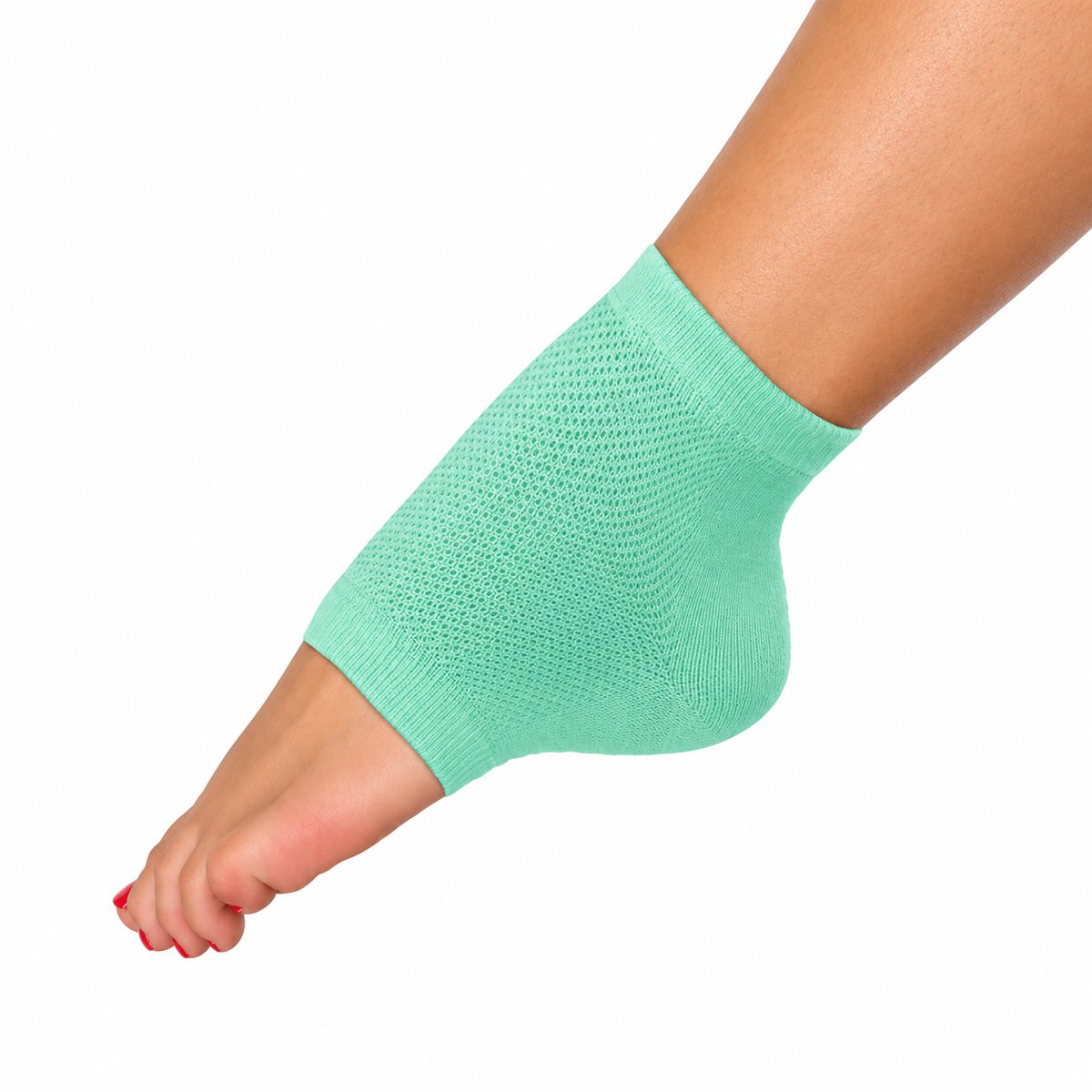 Moisturizing Gel Heel Socks two-pair set; Tea Tree and Peppermint gel heel socks; Reusable moisturizing socks for dry heels; Gel-lined heel socks infused with vitamin E and oils; Moisturizing heel socks worn during a foot-care treatment; Cotton blend gel heel socks; Two pairs of moisturizing heel socks; Moisturizing Gel Heel Socks product packaging.