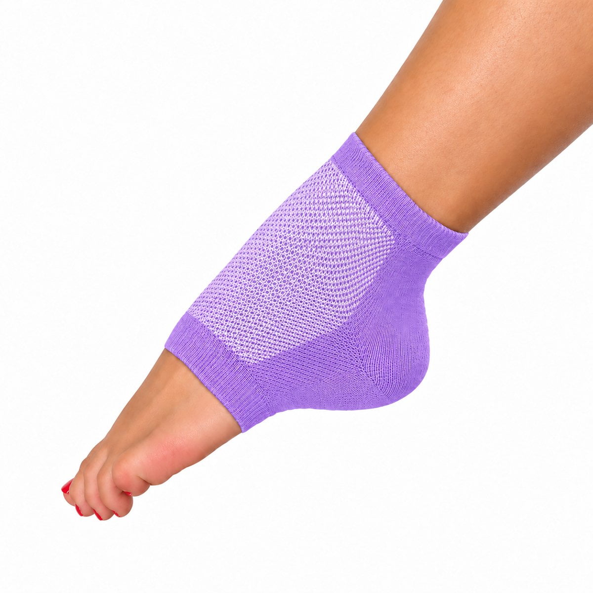 Lavender Moisturizing Gel Heel Socks two-pair set; Reusable lavender gel socks for dry heels; Gel-lined heel socks infused with vitamin E and oils; Lavender heel socks worn during a foot-care treatment; Cotton blend moisturizing heel socks; Two pairs of lavender moisturizing heel socks; Gel heel socks for a 20-minute treatment; Lavender Moisturizing Gel Heel Socks product packaging.