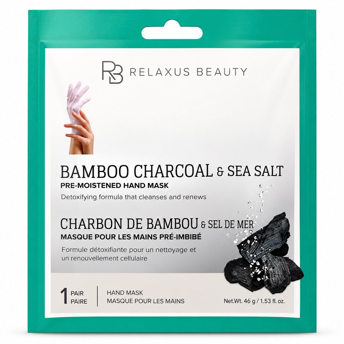 Bamboo charcoal and sea salt hand mask pouch; pre-moistened hand mask treatment; glove-style bamboo charcoal hand mask; sea salt hand mask for a 30-minute routine; hand mask removed from its pouch; bamboo charcoal hand-care mask packaging; hands wearing a pre-moistened glove-style mask; single-use charcoal and sea salt hand mask.