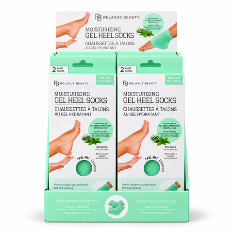 Moisturizing Gel Heel Socks two-pair set; Tea Tree and Peppermint gel heel socks; Reusable moisturizing socks for dry heels; Gel-lined heel socks infused with vitamin E and oils; Moisturizing heel socks worn during a foot-care treatment; Cotton blend gel heel socks; Two pairs of moisturizing heel socks; Moisturizing Gel Heel Socks product packaging.