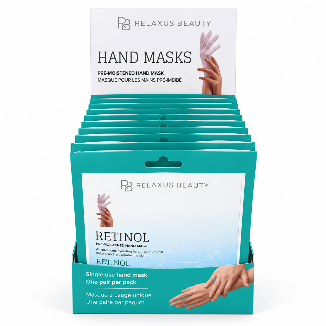 Retinol hand mask treatment pouch; pre-moistened retinol hand mask; glove-style moisturizing hand mask; 30-minute retinol hand treatment; retinol hand mask removed from its pouch; single-use retinol hand mask packaging; hands wearing a pre-moistened glove-style mask; retinol hand-care mask with sodium hyaluronate.