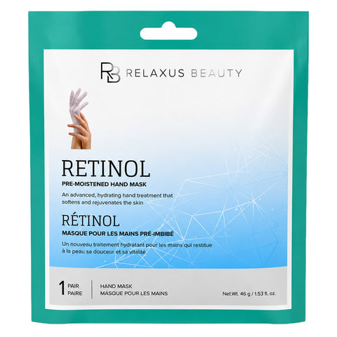 Retinol hand mask treatment pouch; pre-moistened retinol hand mask; glove-style moisturizing hand mask; 30-minute retinol hand treatment; retinol hand mask removed from its pouch; single-use retinol hand mask packaging; hands wearing a pre-moistened glove-style mask; retinol hand-care mask with sodium hyaluronate.