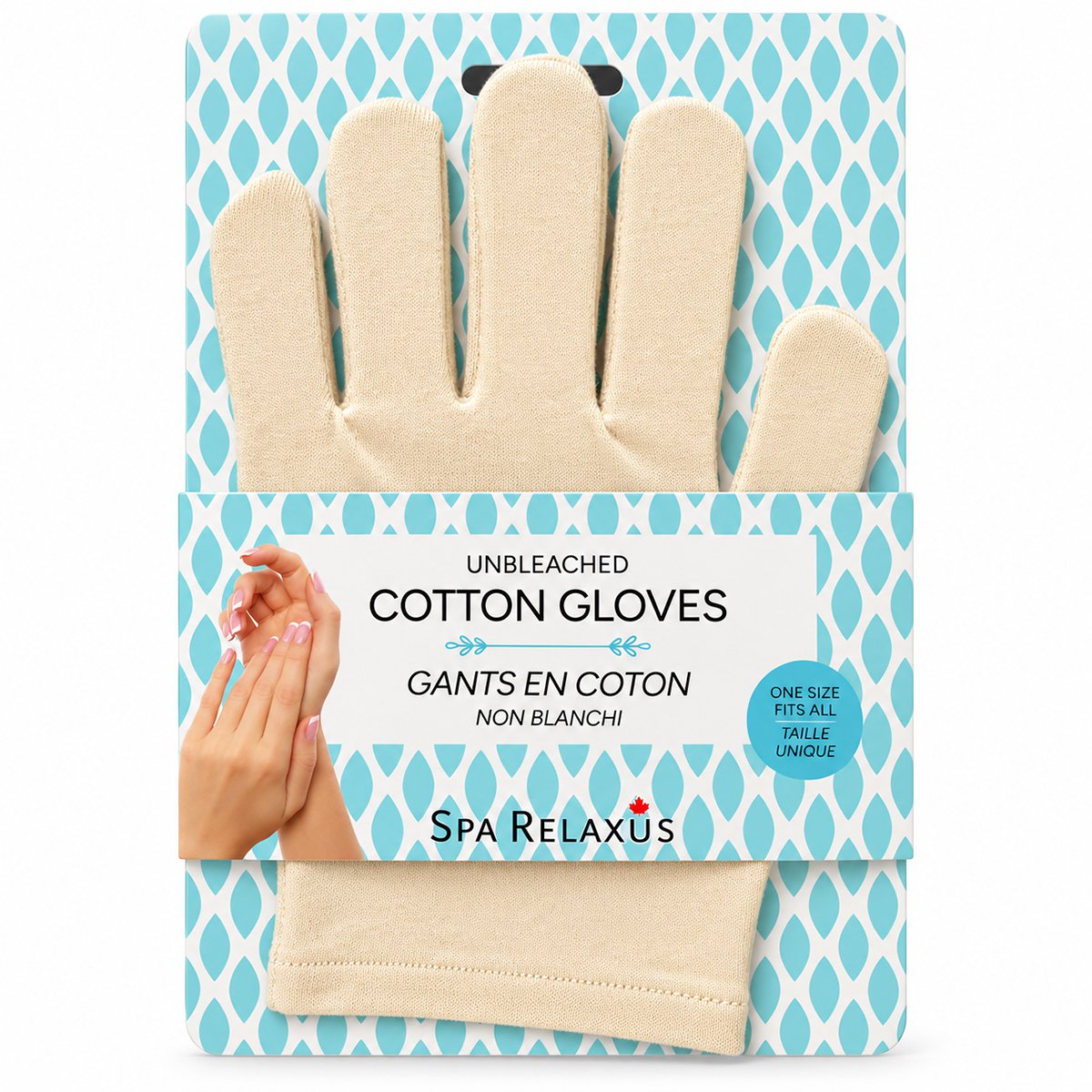 Unbleached cotton moisturizing gloves; reusable cotton gloves for overnight hand care; white cotton moisturizing gloves for use with hand cream; unbleached cotton and elastane hand gloves; moisturizing gloves worn over hand lotion; one-size cotton hand-care gloves; washable cotton gloves for an overnight hand treatment; pair of unbleached cotton moisturizing gloves.