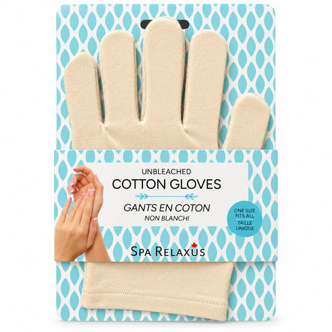 Unbleached cotton moisturizing gloves; reusable cotton gloves for overnight hand care; white cotton moisturizing gloves for use with hand cream; unbleached cotton and elastane hand gloves; moisturizing gloves worn over hand lotion; one-size cotton hand-care gloves; washable cotton gloves for an overnight hand treatment; pair of unbleached cotton moisturizing gloves.