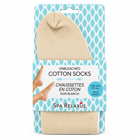 Unbleached Cotton Moisturizing Socks; Reusable cotton socks for overnight foot care; Lightweight unbleached cotton foot-treatment socks; Moisturizing socks worn over foot cream; Soft cotton socks for dry feet; Machine-washable moisturizing foot socks; Unbleached cotton socks with stretchable fit; Unbleached Cotton Moisturizing Socks product packaging
