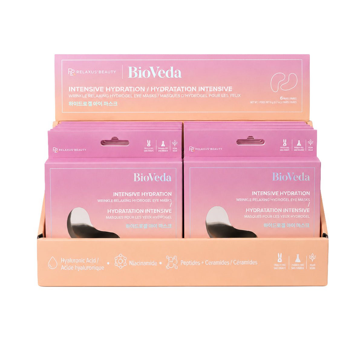 Bioveda hydrogel eye masks pack; intensive hydration hydrogel eye masks; under-eye masks with Hyaluronic Acid; Bioveda eye masks with Niacinamide and Peptides; vegan hydrogel eye masks; refreshing under-eye treatment masks
