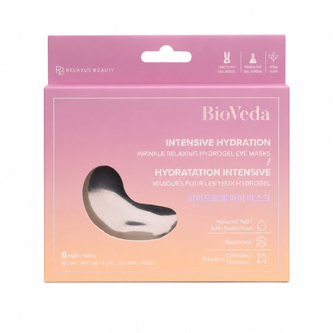 Bioveda hydrogel eye masks pack; intensive hydration hydrogel eye masks; under-eye masks with Hyaluronic Acid; Bioveda eye masks with Niacinamide and Peptides; vegan hydrogel eye masks; refreshing under-eye treatment masks