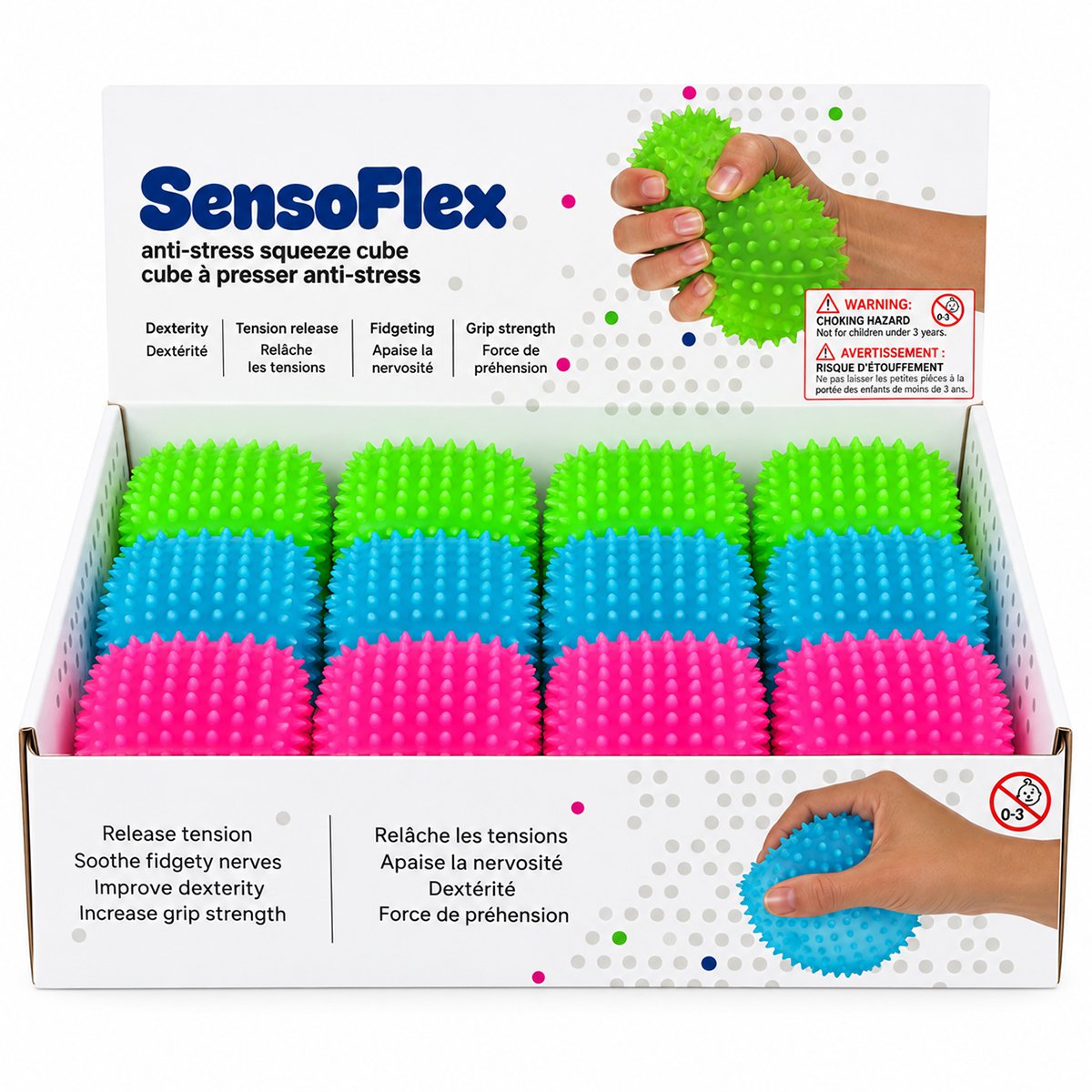 SensoFlex sensory squeeze cube toy in bright green; pink SensoFlex anti-stress squeeze cube on display stand; blue textured squeeze cube sensory toy; SensoFlex squeeze cube held in hand; textured sensory cube toy with raised bumps; pink blue and bright green SensoFlex squeeze cubes; anti-stress squeeze cube display of 12; SensoFlex tactile fidget toy