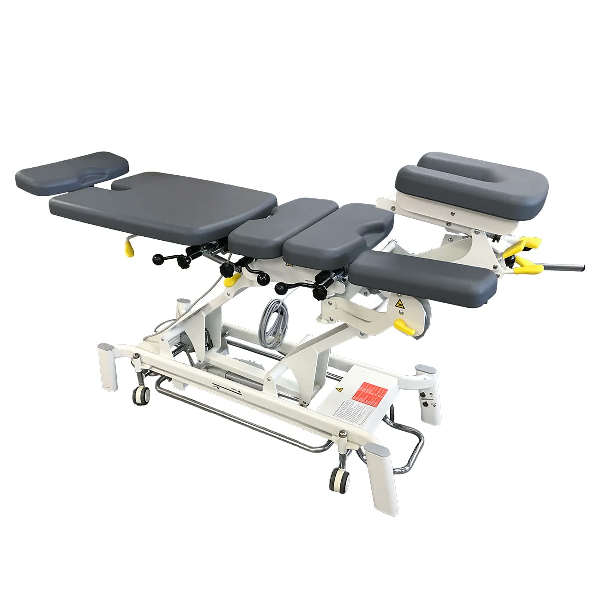 Chiropractic Table Electric chiropractic table with drop sections Chiropractic table with traction features FairWorth table with adjustable headrest Heavy-duty steel chiropractic treatment table