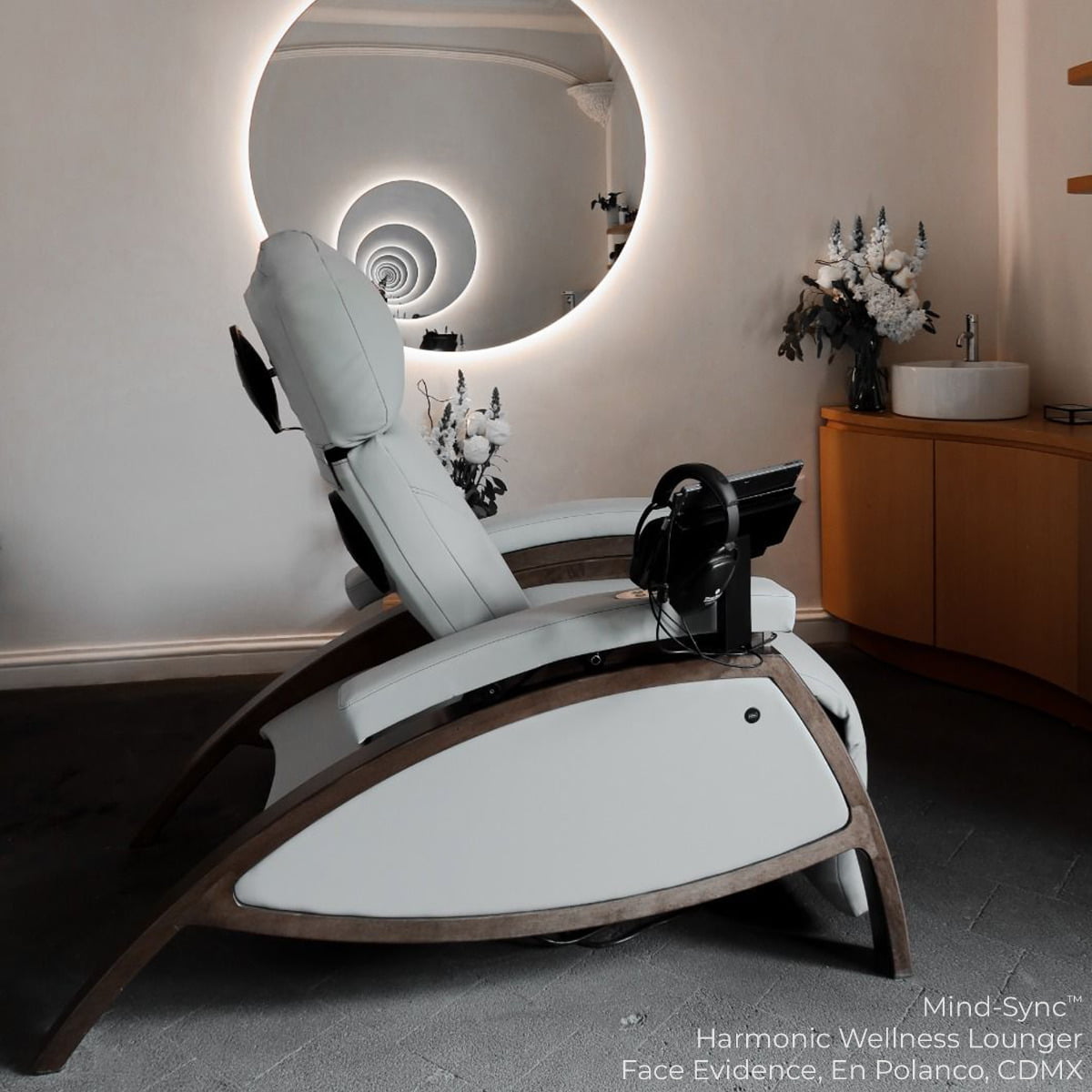Mind-Sync 2.0 Harmonic Wellness Lounger Zero gravity wellness lounger with touchscreen Vibro-acoustic therapy chair with headphones Luxury wellness lounger fully reclined Mind-Sync 2.0 unattended treatment chair Premium wellness chair for spa or clinic